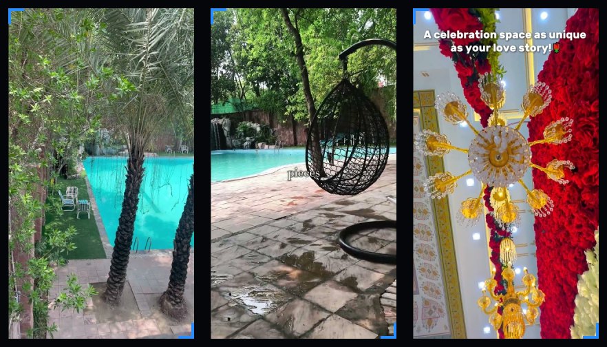 Property and venue walkthrough edits by Outreach Marketing Agency: poolside grounds, a garden retreat and a decorated event hall