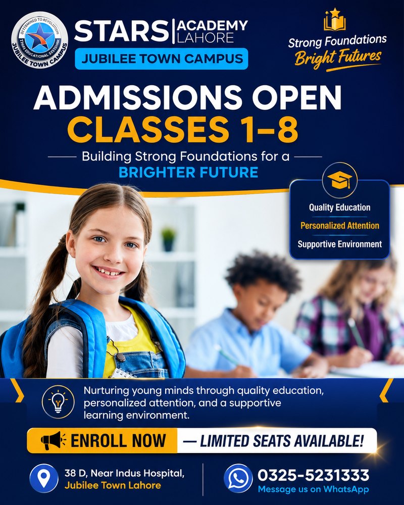 Classes 1&ndash;8 admissions poster designed for Stars Academy Lahore