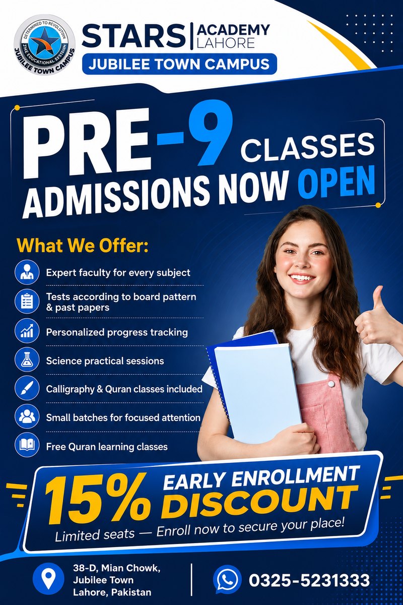 Pre-9 admissions poster designed for Stars Academy Lahore