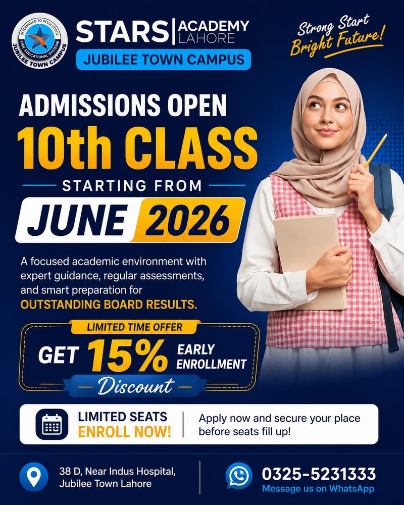 10th Class admissions poster designed for Stars Academy Lahore