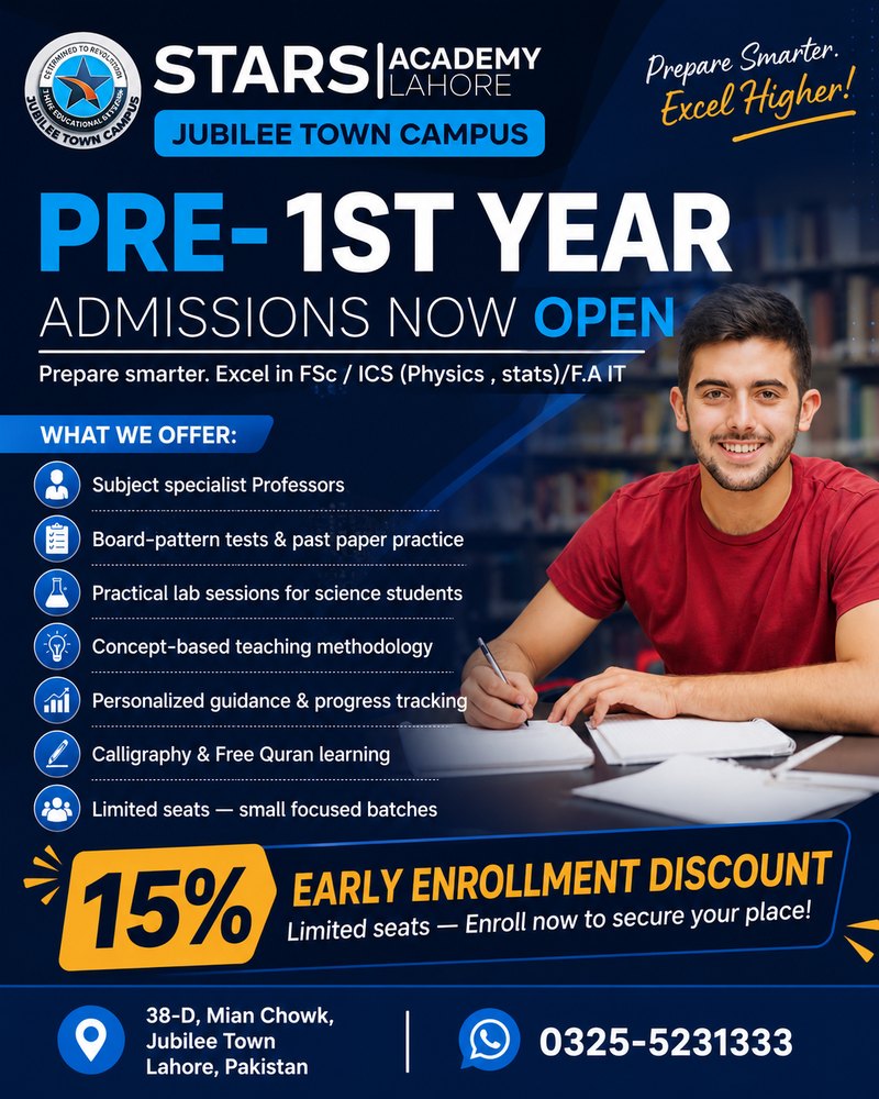 Pre-1st Year admissions poster designed for Stars Academy Lahore